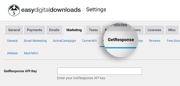 The GetResponse extension in EDD Download settings.