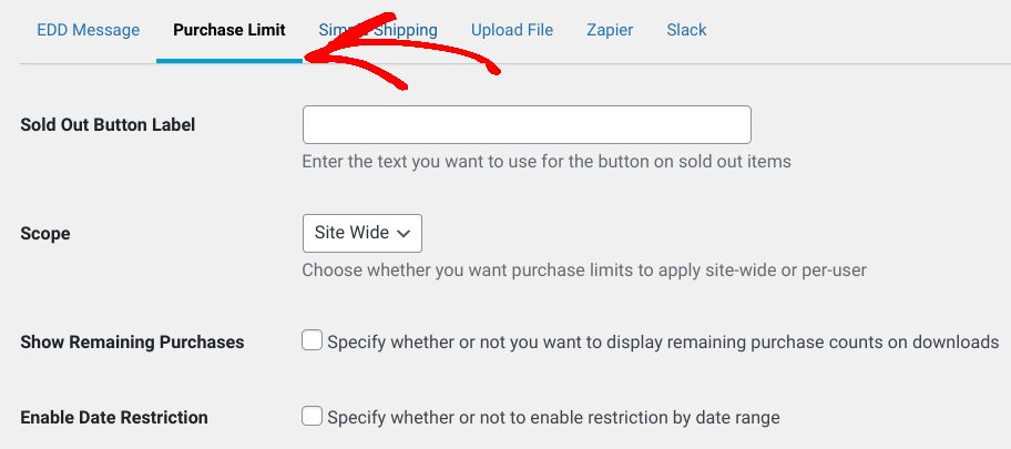 The Purchase Limit extension settings screen.