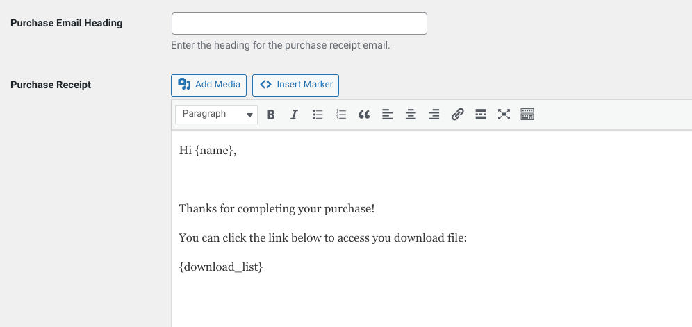 The text fields to modify the purchase email receipts. 