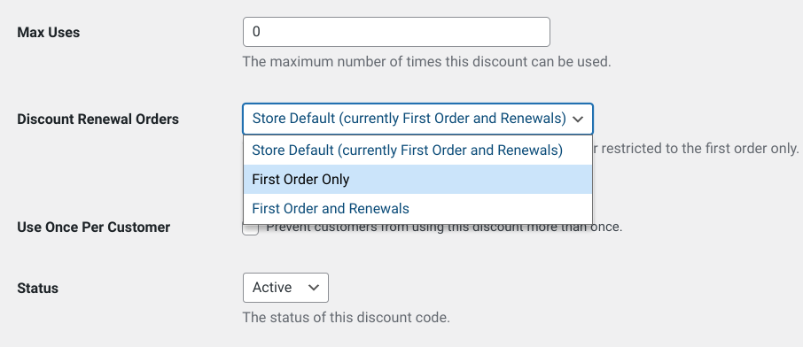The settings to create recurring renewal discounts in WordPress via EDD.