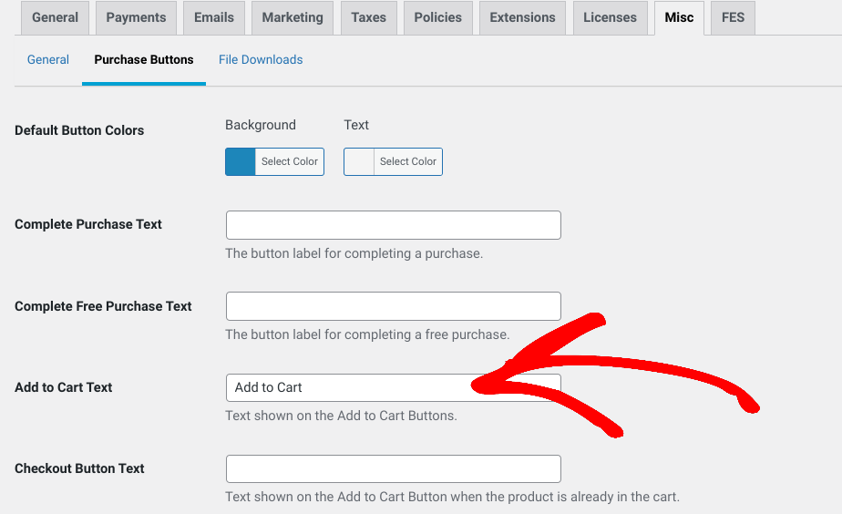 The Add To Cart Text button settings in EDD.