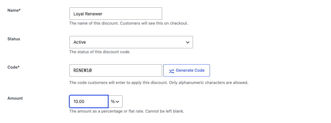 Het aanmaken van een verlengingskortingscode in Easy Digital Downloads.