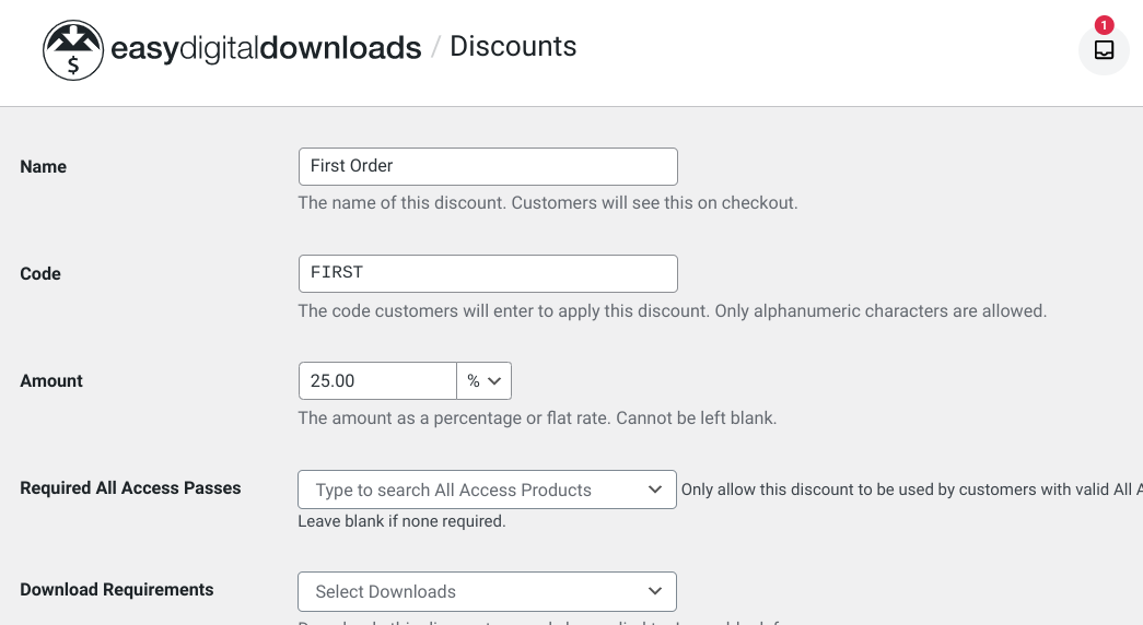 The screen to create a new first order discount in WordPress via EDD.