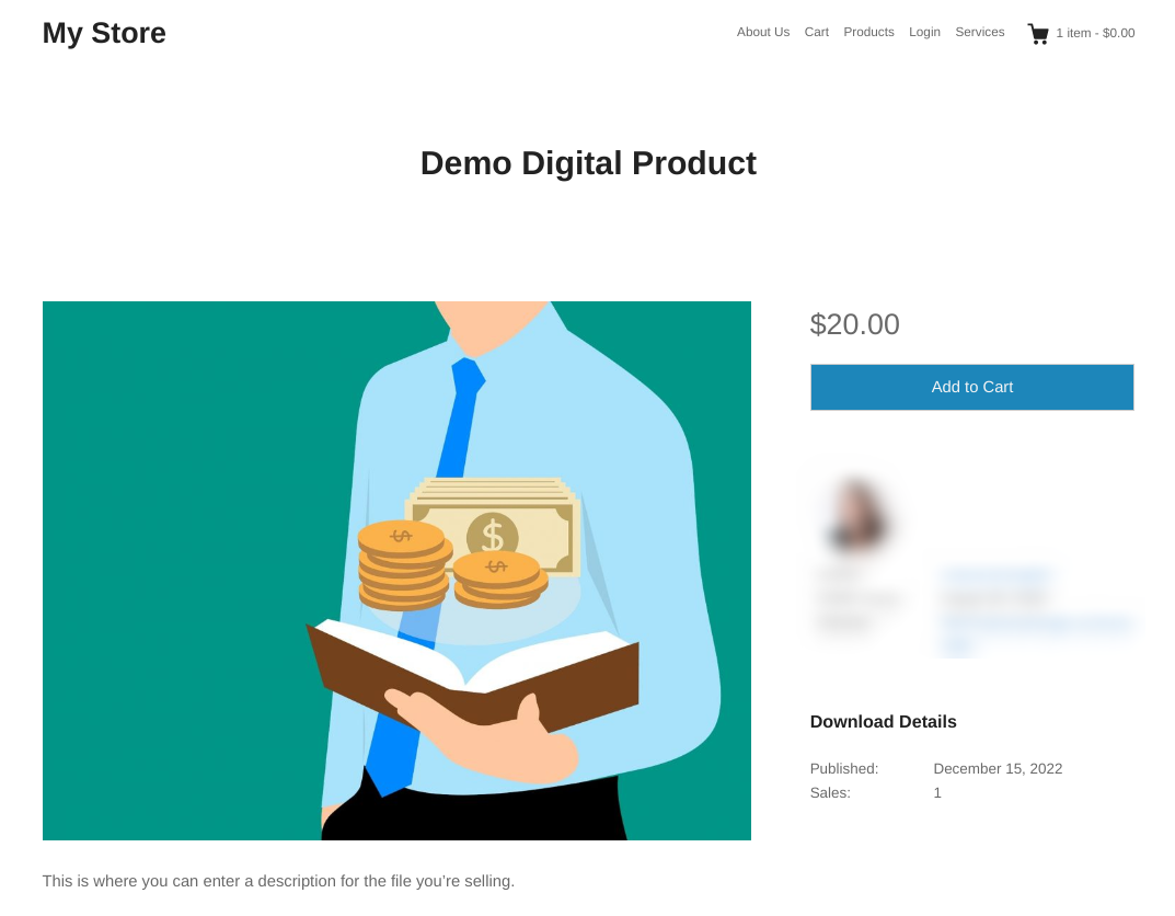 A preview of a digital product page in WordPress using Easy Digital Downloads.
