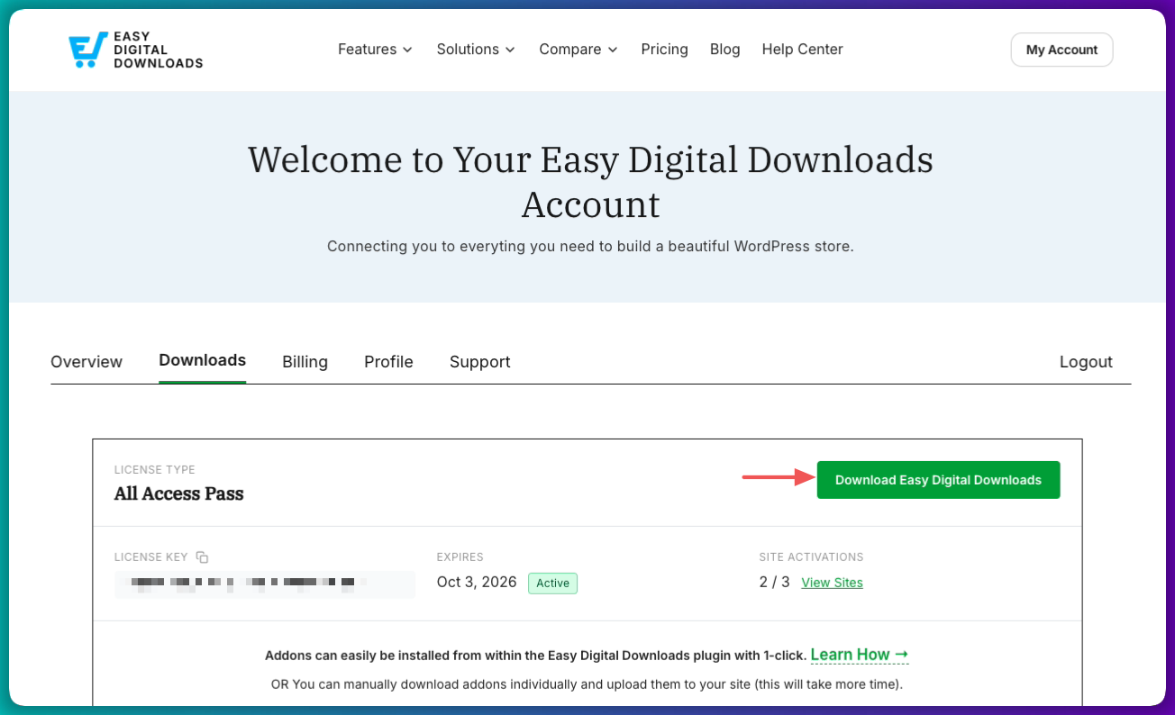 Easy Digital Downloads Proプラグインのユーザーアカウントダッシュボード。