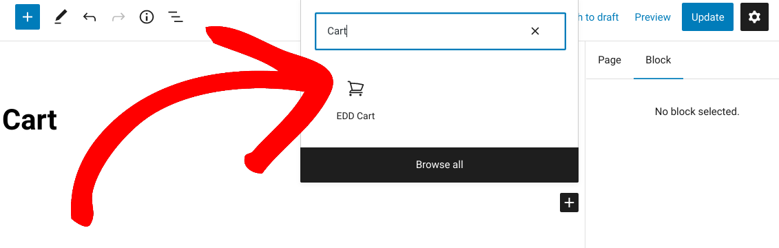The EDD Cart block to add a shopping cart to WordPress.