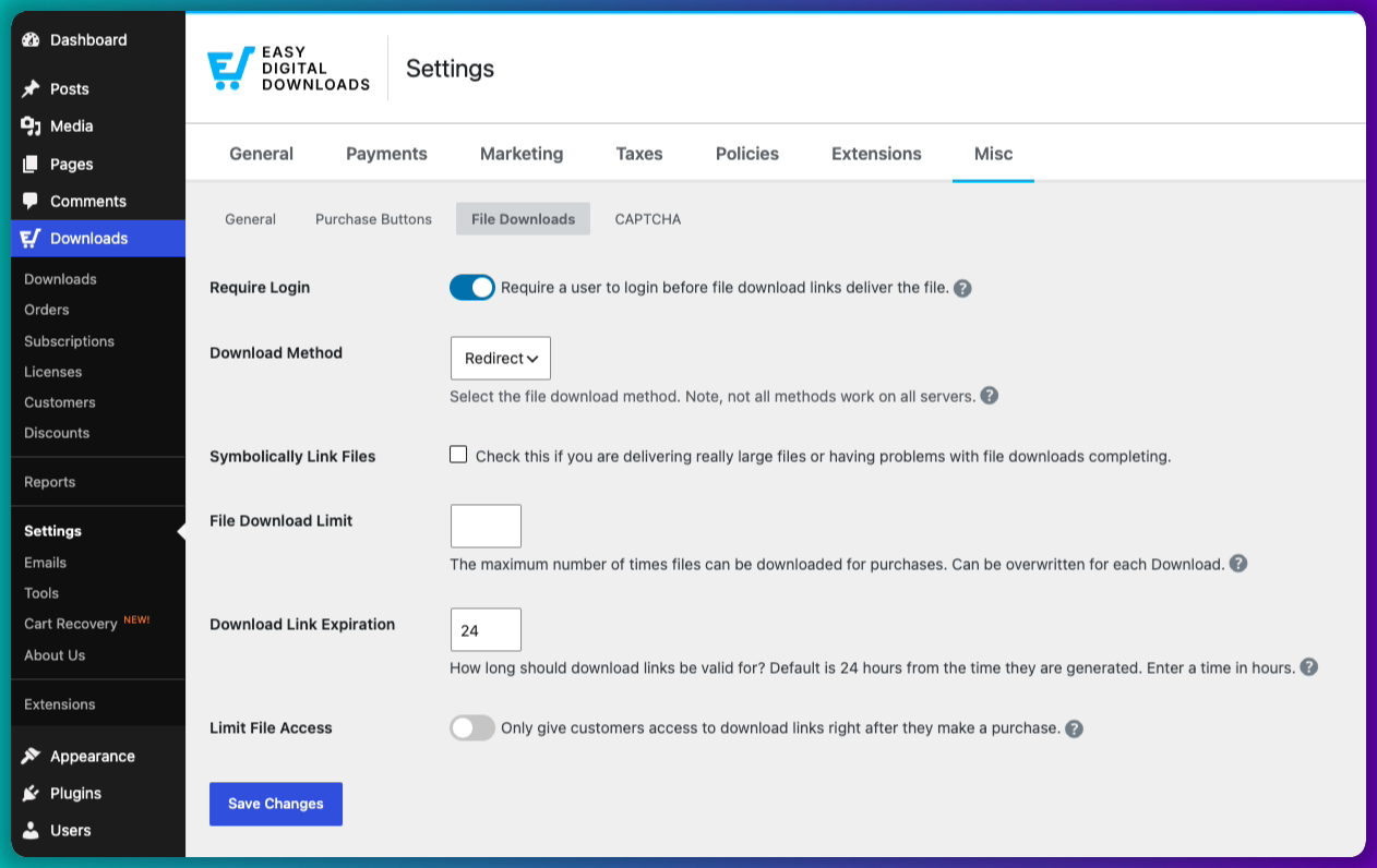 ダウンロード方法と設定を行うEasy Digital Downloadsの画面。