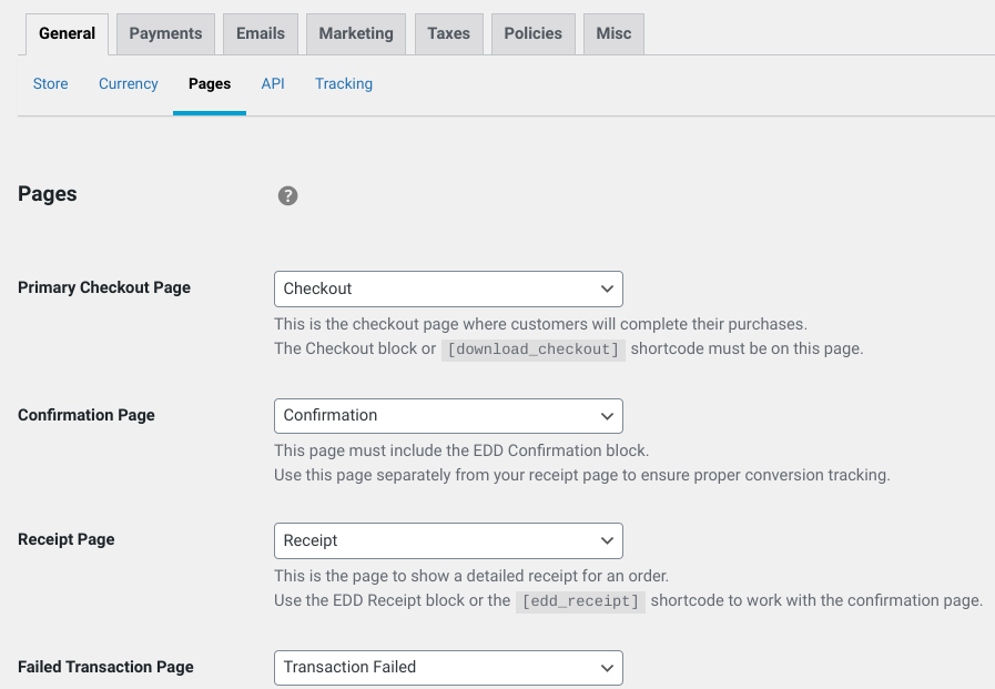 The Easy Digital Downloads Pages settings screen.