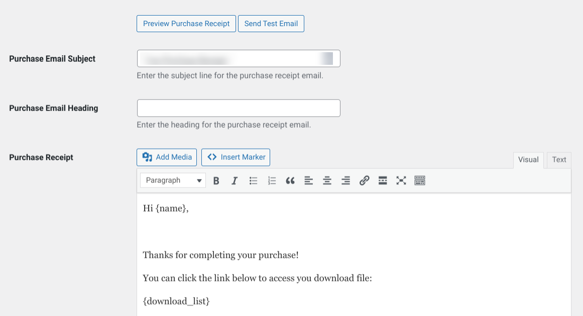 The Easy Digital Downloads purchase receipt settings.