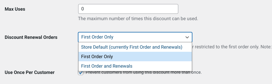 Setting a discount to apply to first order only.