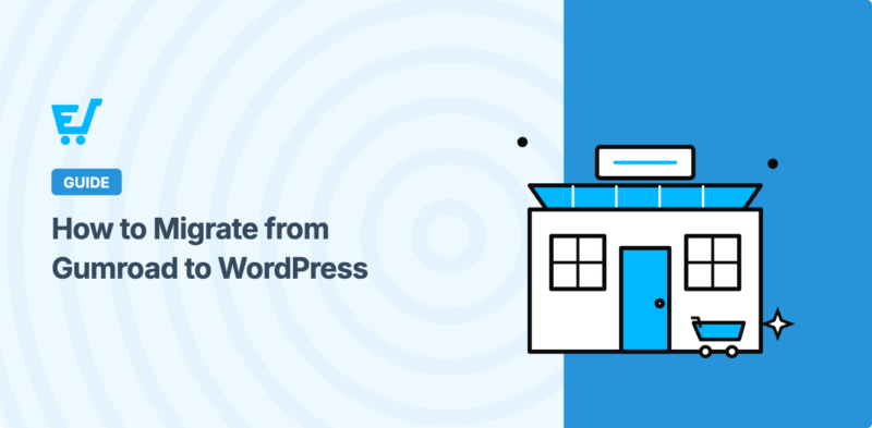 Banner principal para um guia: 'Como migrar do Gumroad para o WordPress' com um ícone de carrinho à esquerda e uma ilustração de prédio à direita.