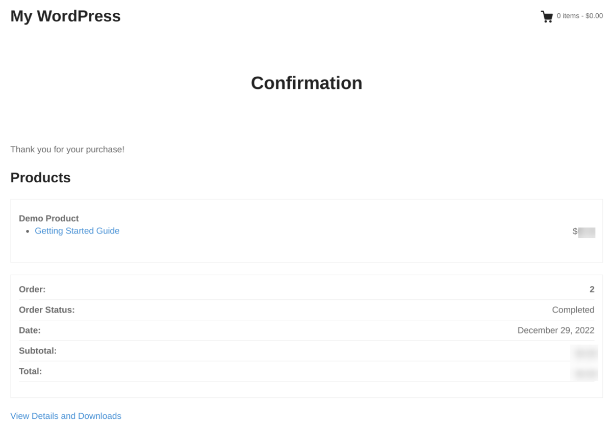 An example of an order success page in WordPress.