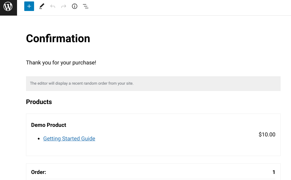 A preview of the confirmation or order success page in WordPress.