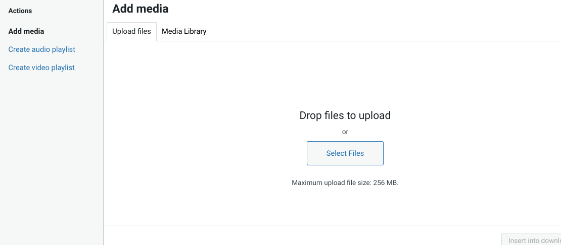The option to add or upload media files to WordPress.