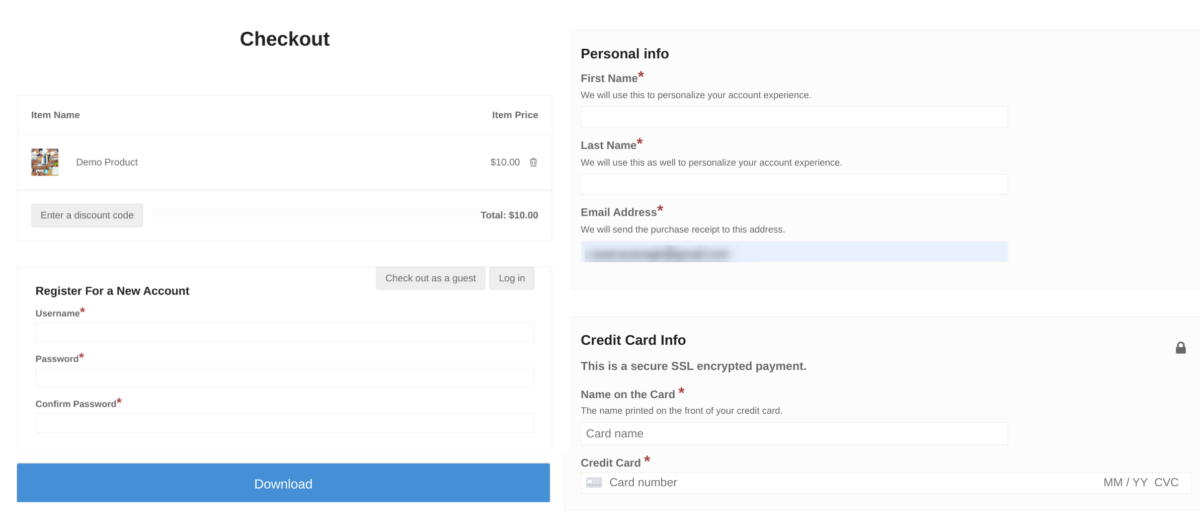 Example of checkout page with registration form in WordPress.