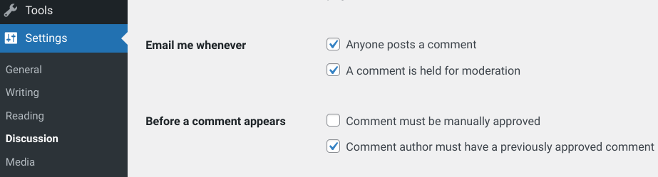 The comment moderation and discussion settings in WordPress.