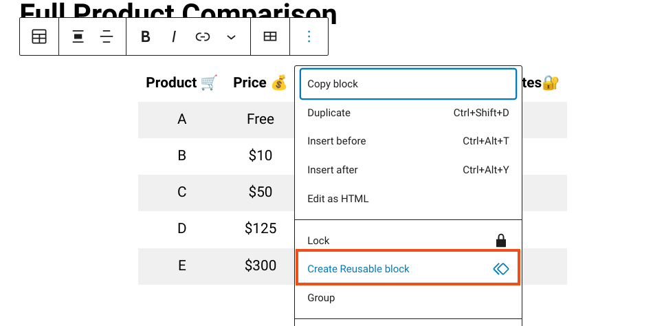 The option to turn a comparison table in WordPress into a reusable block.
