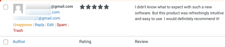 Moderating a customer review in WordPress.