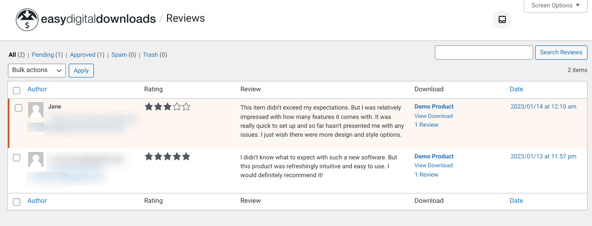 The Reviews moderation interface in WordPress/EDD.