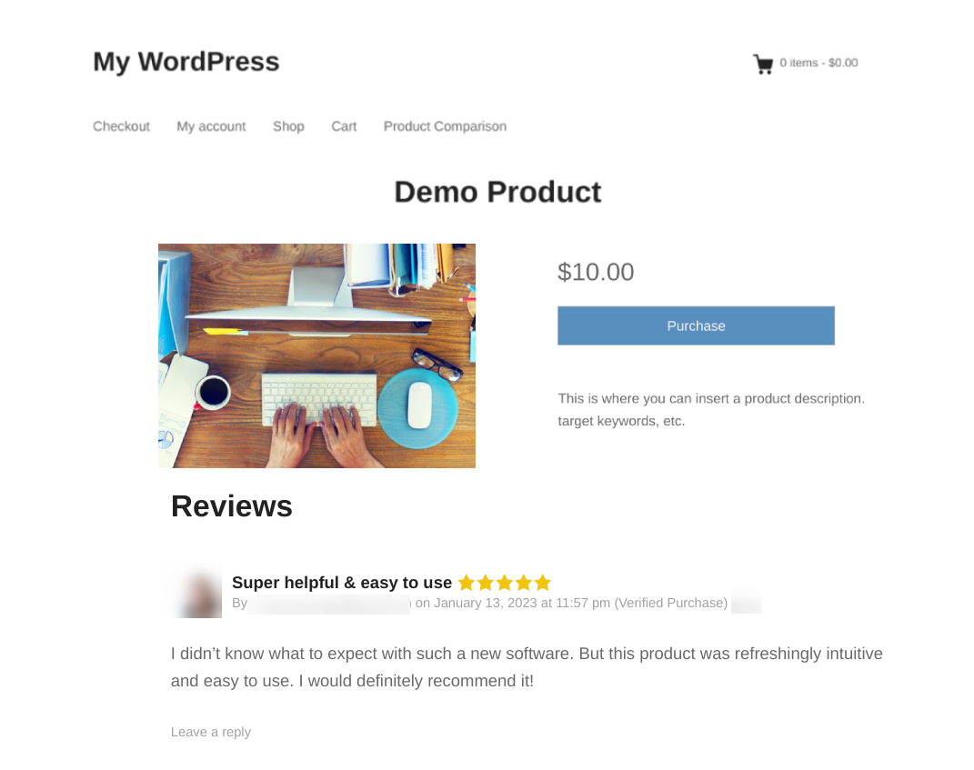 A demo WordPress page displaying customer reviews for a digital product.