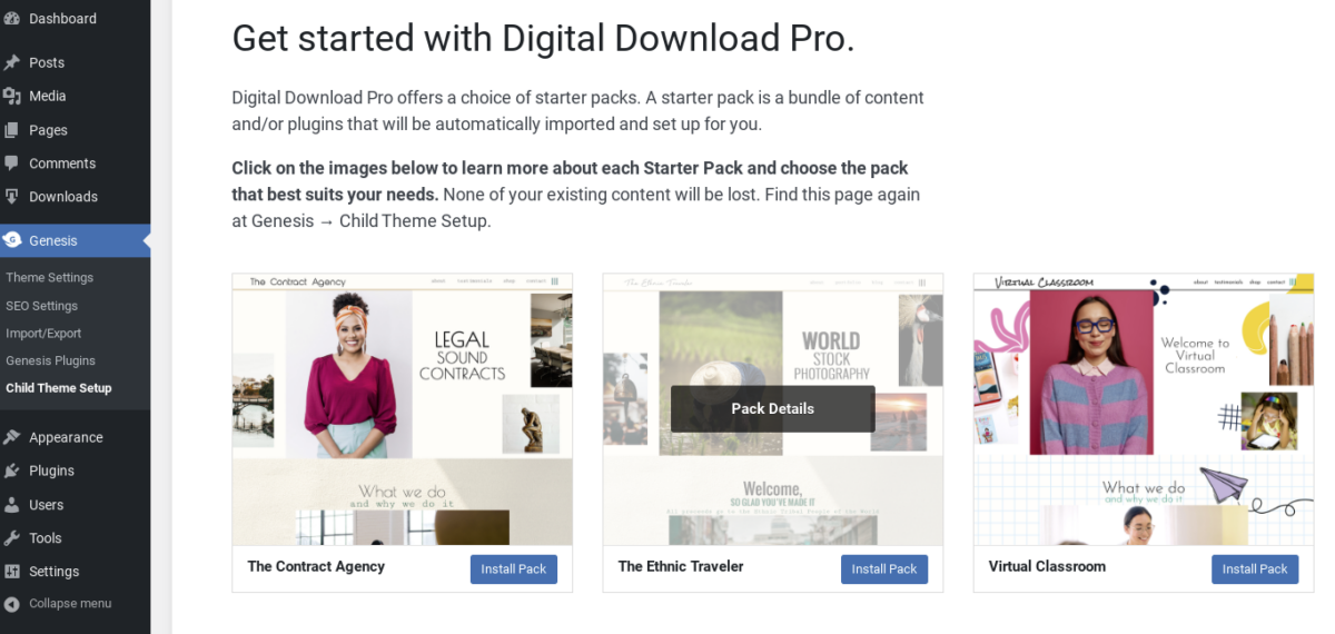 The Digital Download Pro WordPress theme starter packs.