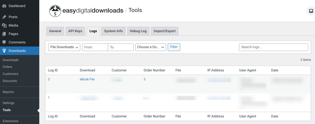 The EDD Tools/Logs screen to help manage file downloads in WordPress.