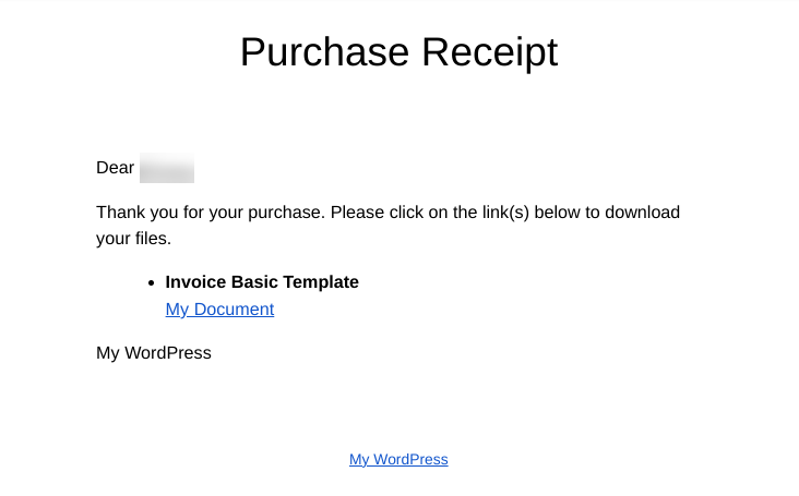 An example of the purchase receipt sent after selling documents in WordPress with EDD.