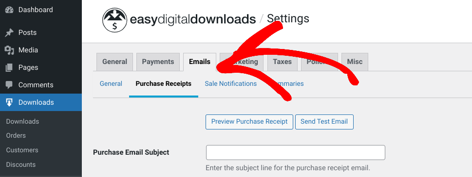 The Easy Digital Downloads Emails tab.