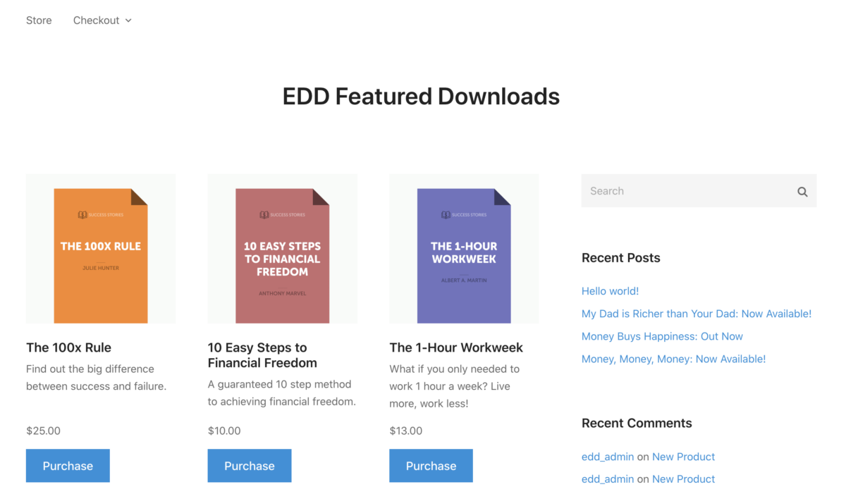 A preview of EDD featured downloads in WordPress. 