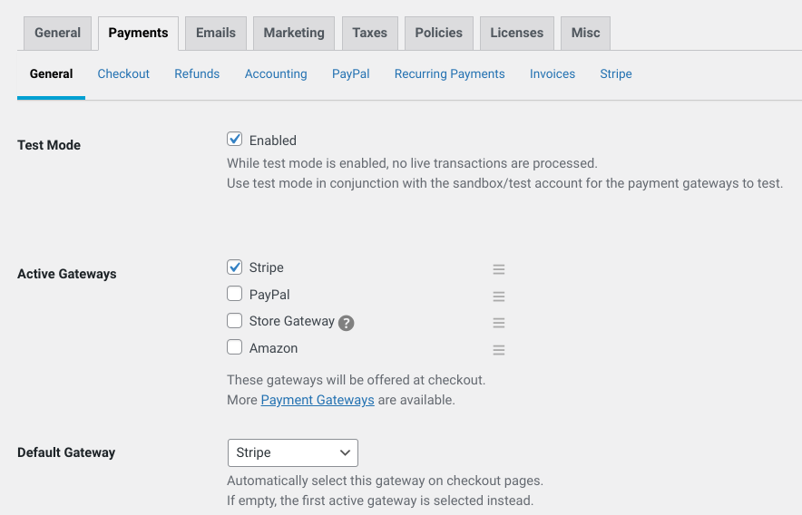 The General Payments settings screen in EDD.