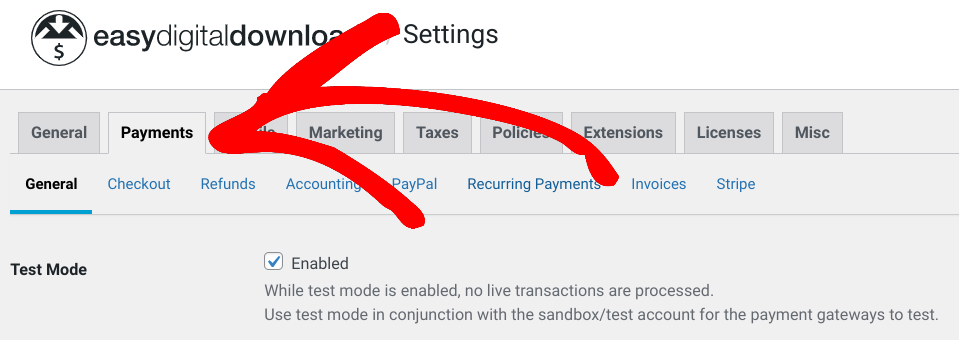 The Payment Settings tab in Easy Digital Downloads.