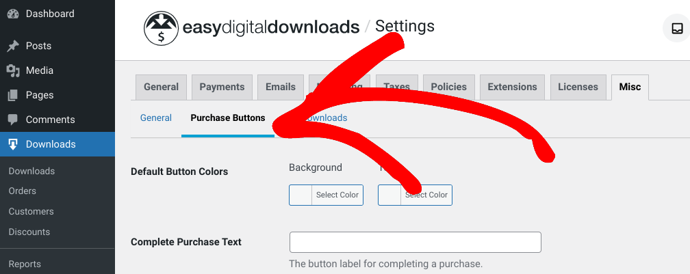 The Purchase Buttons settings in Easy Digital Downloads.