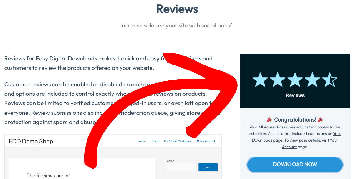 The EDD Reviews extension download page.