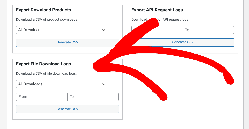 The option to export reports for downloads tracking in WordPress.