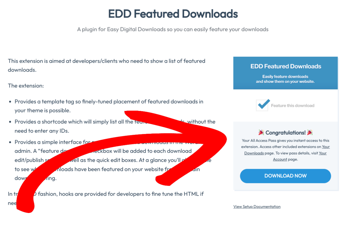 The EDD Featured Downloads extension download page.