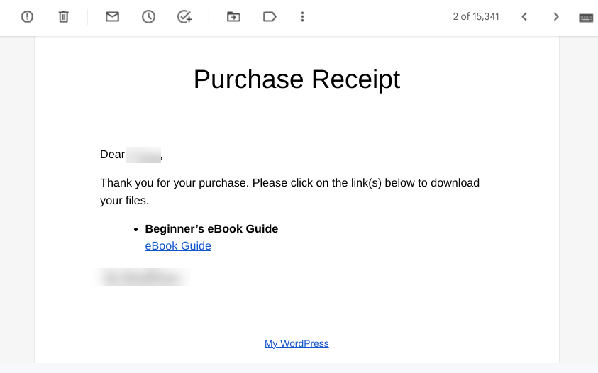 An eCommerce purchase receipt email from EDD.