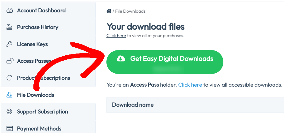 The button to Get Easy Digital Downloads from the EDD account dashboard.