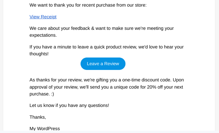 An email requesting a customer review in exchange for a discount.