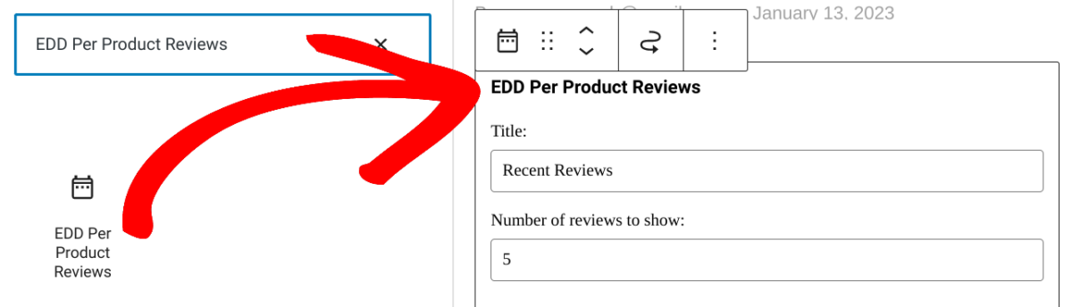 The EDD Per Products Review block in WordPress.