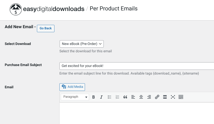 Creating a per-product email for a pre-order digital download.