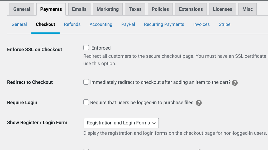 The Checkout settings in EDD.