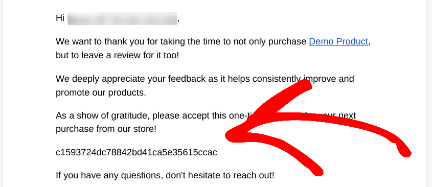 A preview of a review discount code email sent with EDD.
