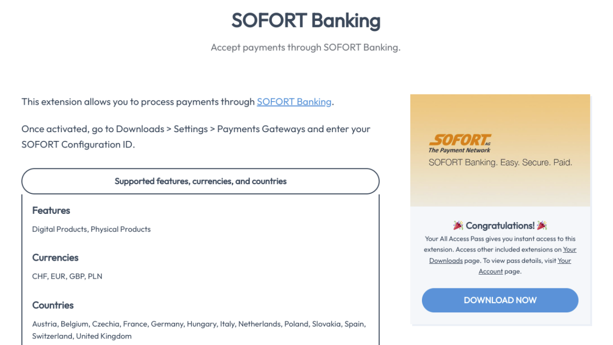 The Sofort Banking payment gateway download page.