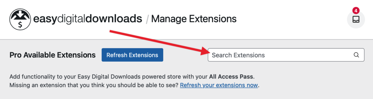 The search EDD extensions field in WordPress. 