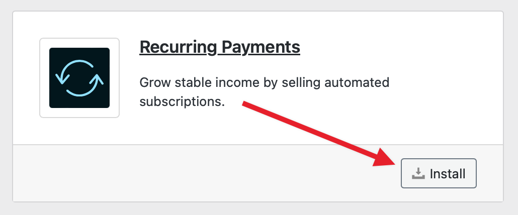The Install button under the Recurring Payments extension in EDD/WP. 