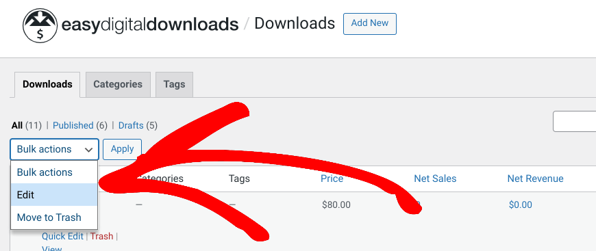 The option to bulk edit digital products in Easy Digital Downloads.