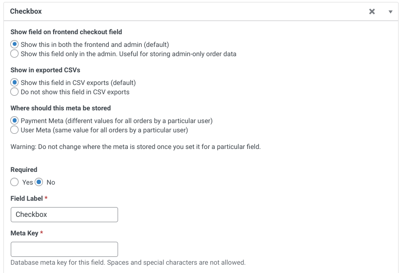 The settings of a custom checkout field in WordPress via Checkout Fields Manager.