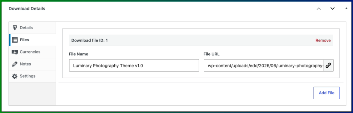 Easy Digital Downloads で .zip WordPress テーマをアップロードする「ダウンロードファイル」セクション。
