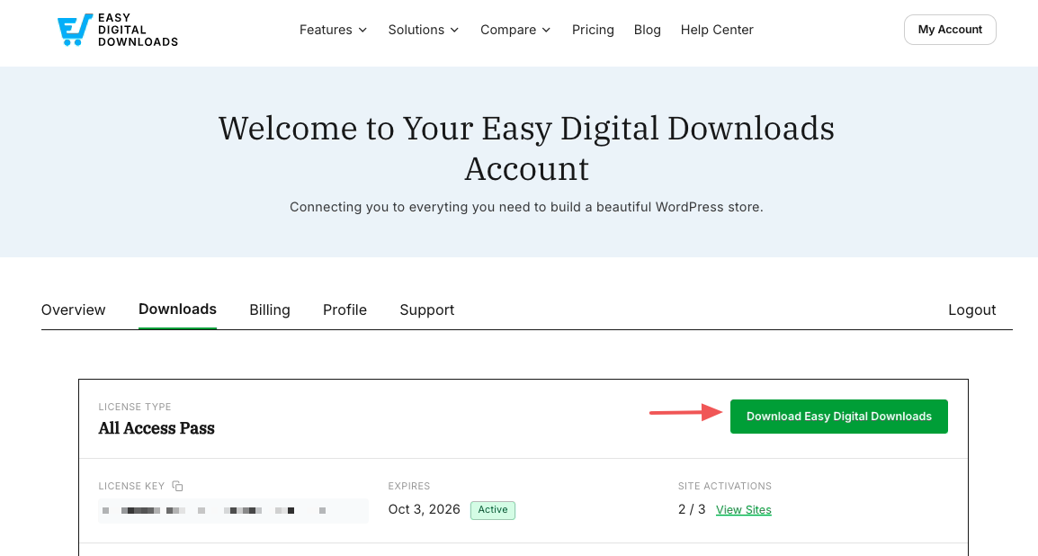 Panel de cuenta de usuario para Easy Digital Downloads donde los usuarios pueden descargar el plugin Easy Digital Downloads