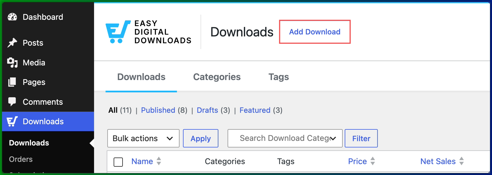 Easy Digital Downloadsの「ダウンロードを追加」画面。